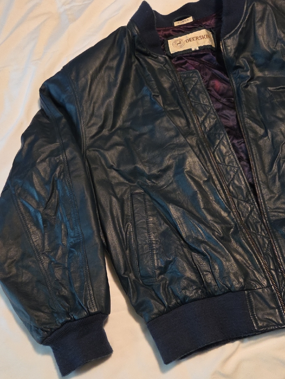 #H1014 Deerskin Men's Navy Leather Bomber Jacket